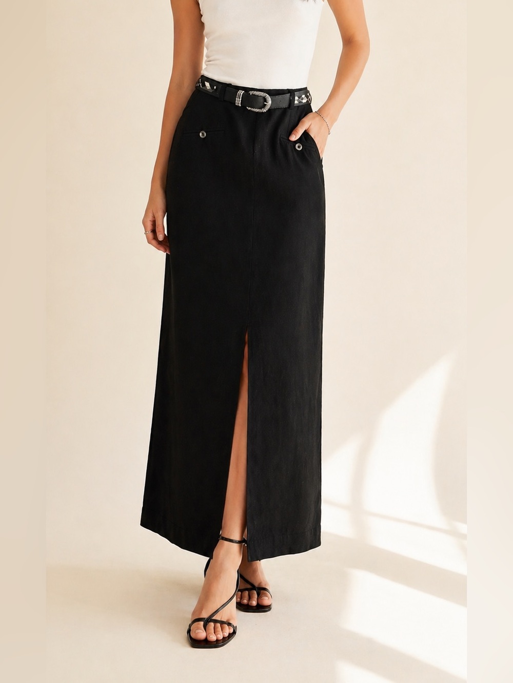 Vintage Y2K Linen Blend Column Maxi Skirt Belted Office Siren Sz 12
